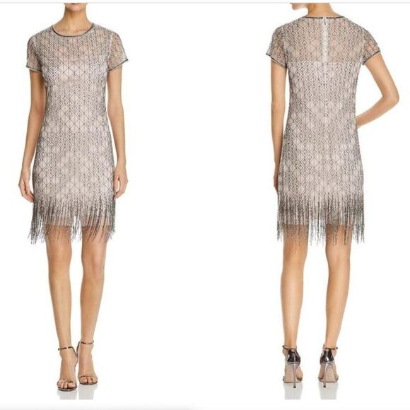 TAHARI Winter Beaded Fringe Mini Dress  - Picture 1 of 15